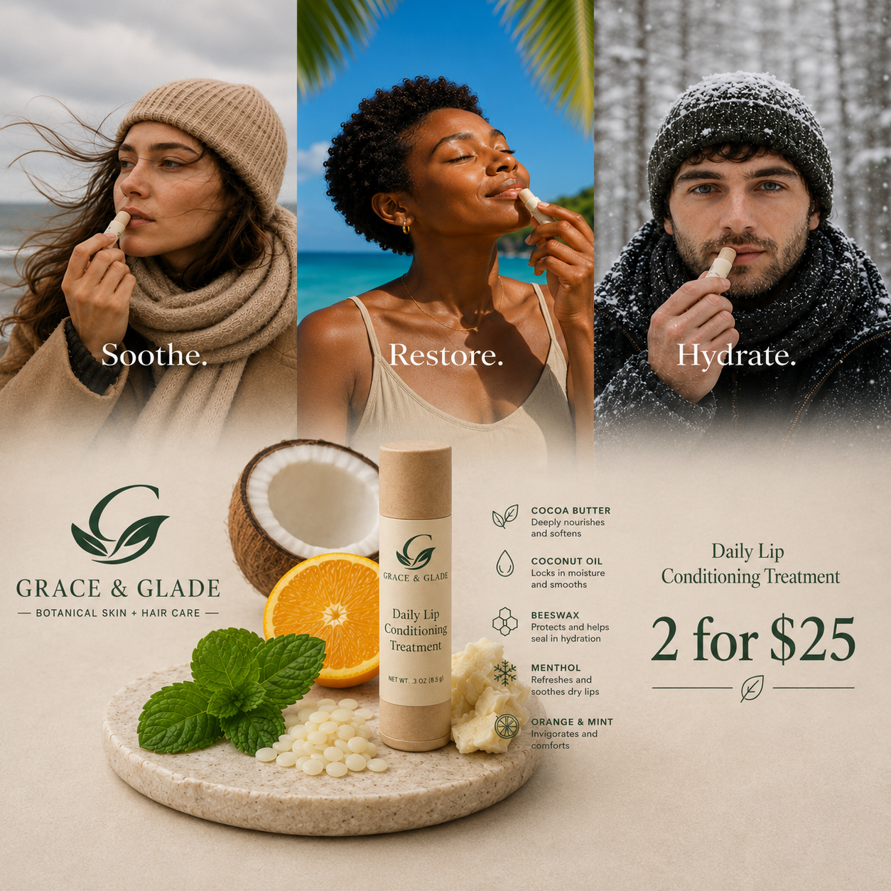 Shows a woman windy conditions, a woman at a beach setting, and a man in the snow all of them are applying the lip conditioner shown in the image