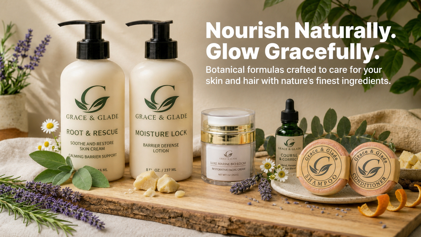 Cosmetic products with 'Grace & Glade' branding on a wooden surface with plants and text about natural skincare.