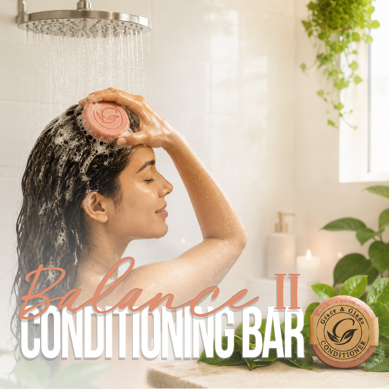 Grace and Glade - Balance II Conditioning Bar - a young woman with brown hair in the shower applying the conditioning bar to her hair.