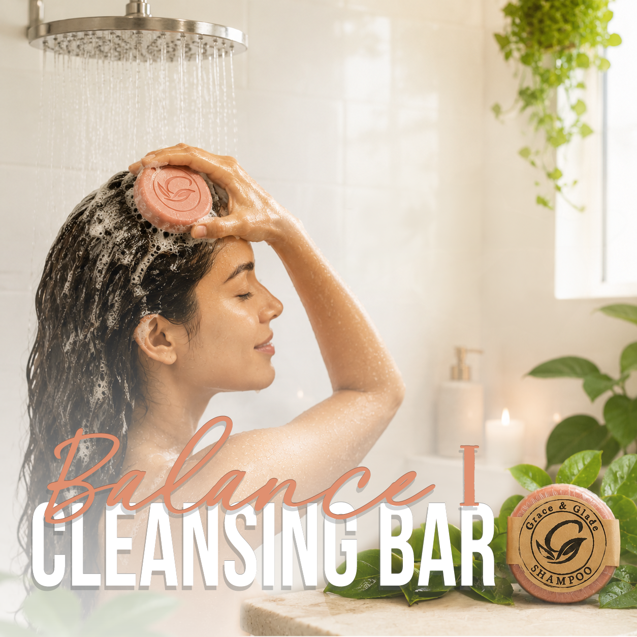 Grace and Glade - Balance I Cleansing Shampoo Bar - a young woman with brown hair in the shower applying the shampoo bar to her hair.