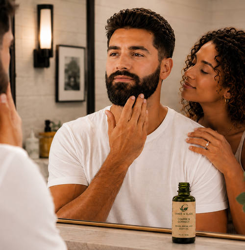 Grace and Glade, Coarse and Correct Beard, Brow, and Body Oil Glass Dropper bottle next to a man with a beard touching his chin in front of a mirror, with a woman standing beside him.