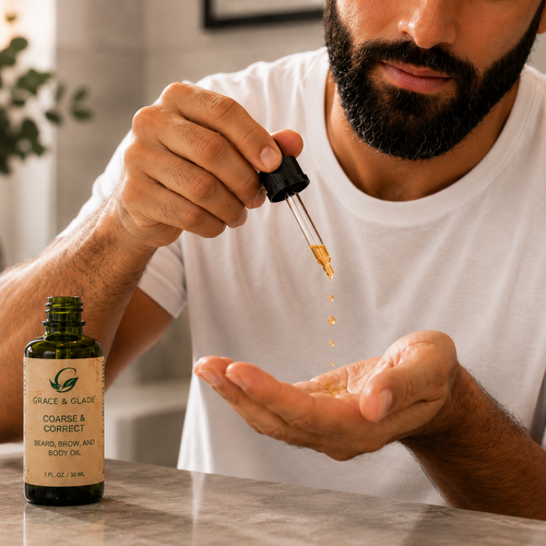 Grace & Glade Coarse & Correct Beard, Brow & Body Oil with glass dropper as a man prepares to apply the botanical conditioning oil.