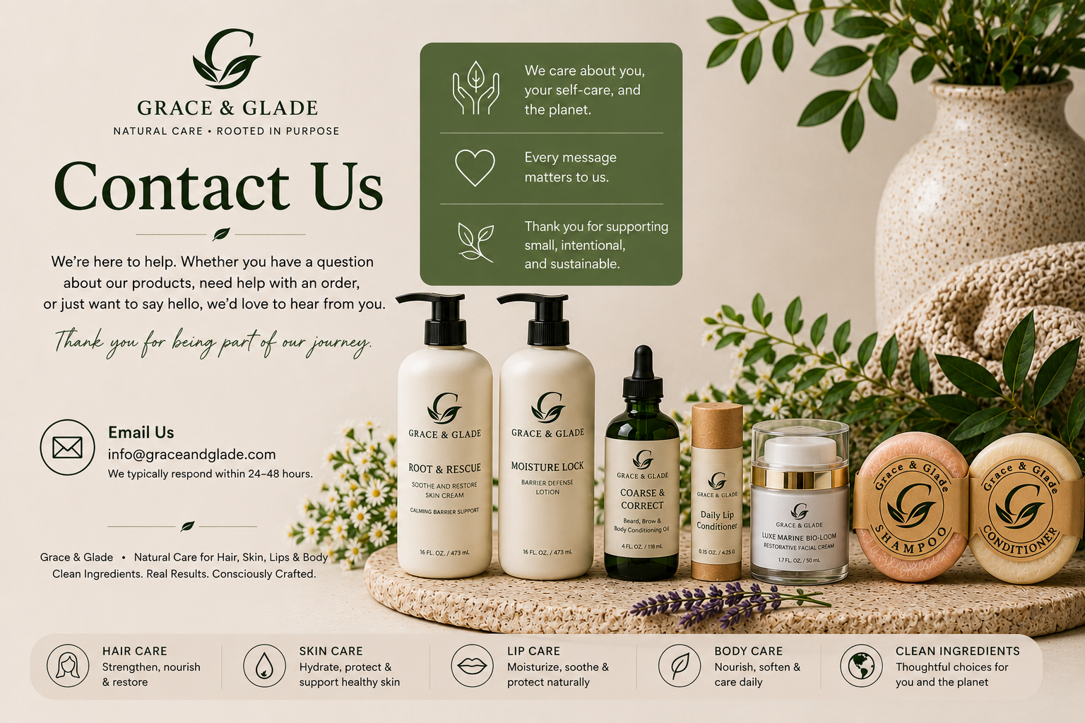 Contact Us graphic nuetral color natural elements and Grace & Glade products including two pump bottles filled with lotions, a dropper bottle of Coarse and Correct Beard, Brow, and Body Oil, a jar of Luxe Marine Bio-Loom Restorative Facial Cream, a tube of daily lip conditioning treatment and two round hair care bars. The page contains the company email info@graceandglade.com and a contact form to reach the company directly from the page.