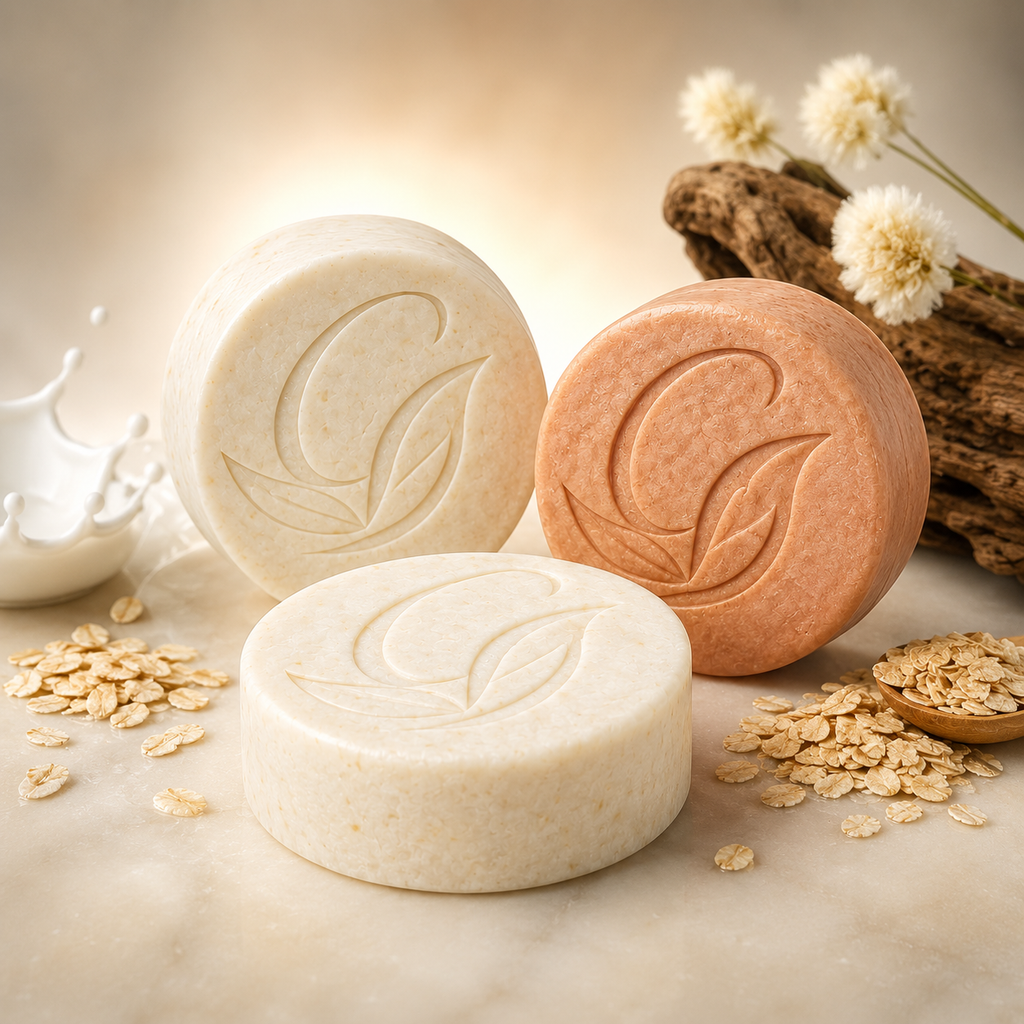 Three goats milk and oatmeal lotin bars with pictures of milk, oud wood, and oats next to the cleansing bars.