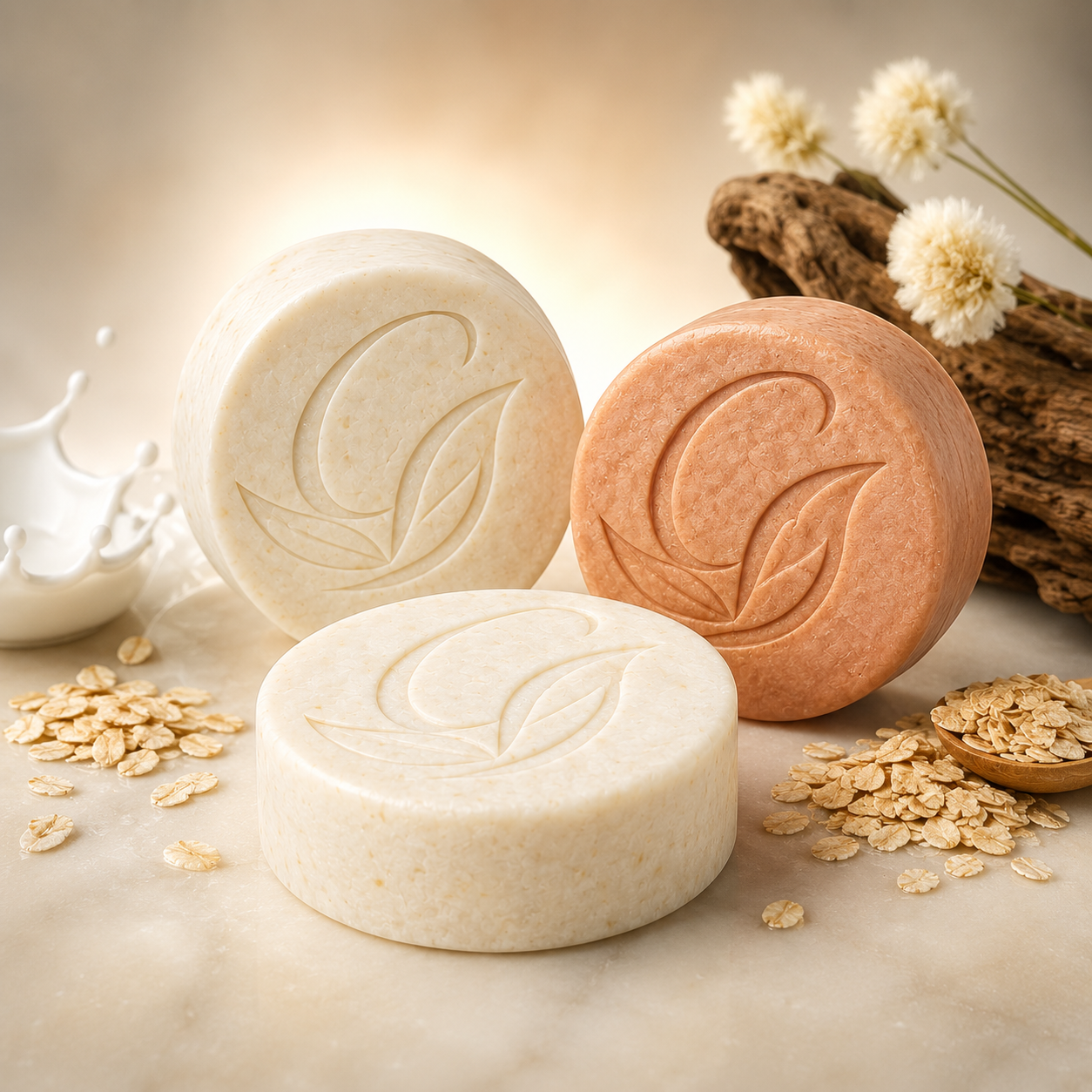 Three goats milk and oatmeal lotin bars with pictures of milk, oud wood, and oats next to the cleansing bars.