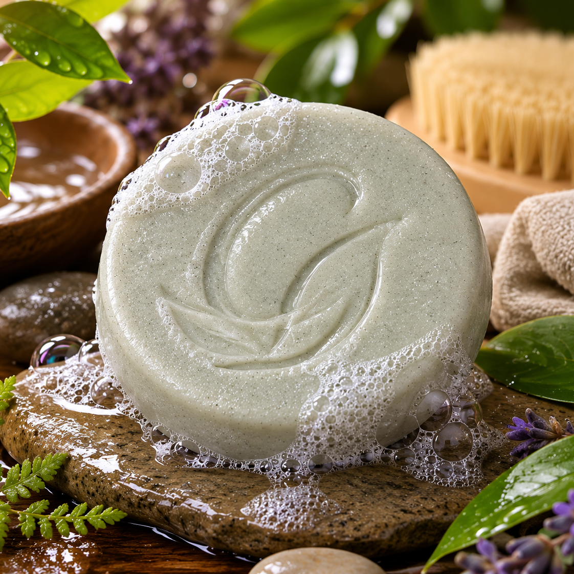 Green soap bar with a leaf logo on a stone surface surrounded by leaves and stones