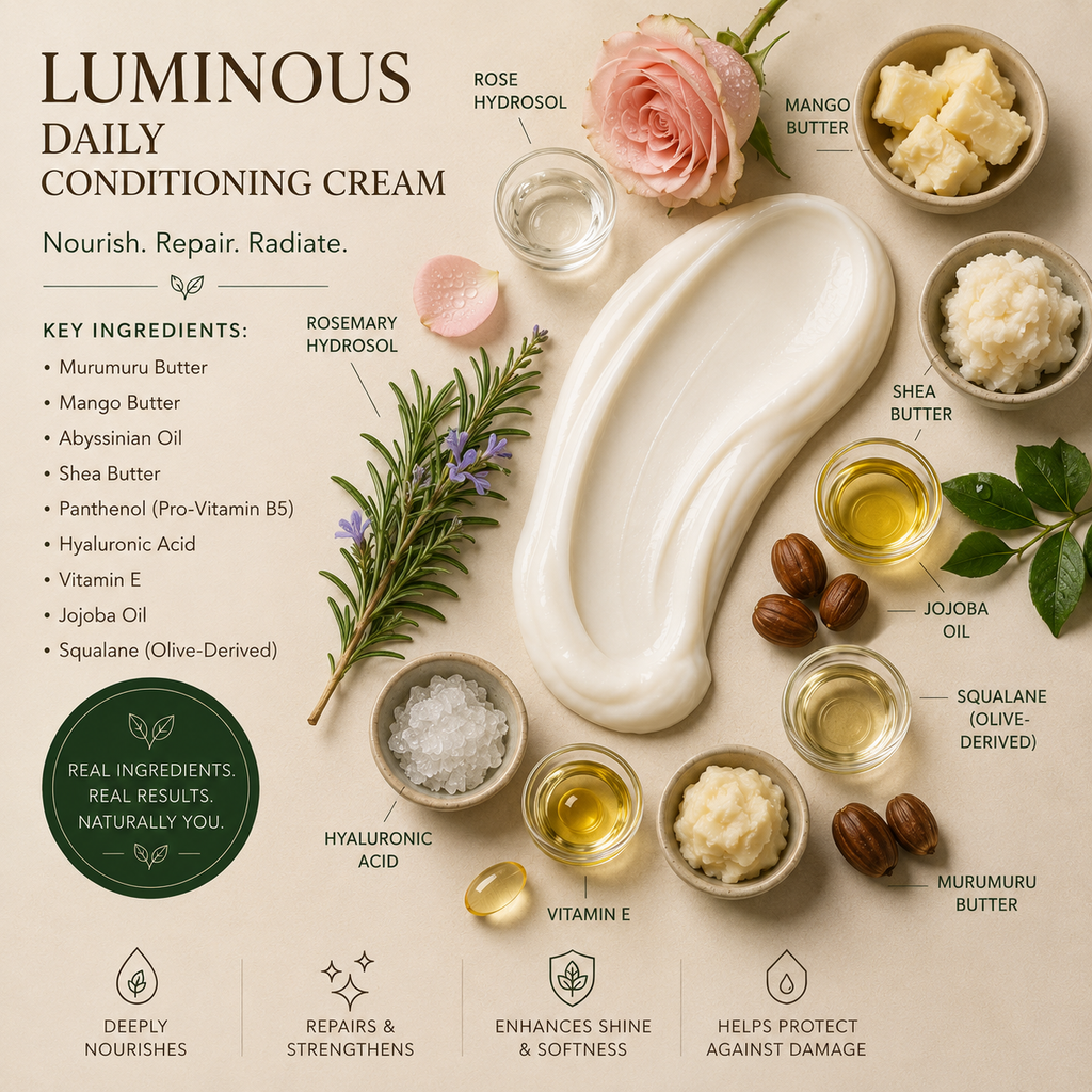 Luminous Daily Conditioning Cream with key ingredients and benefits on a light background