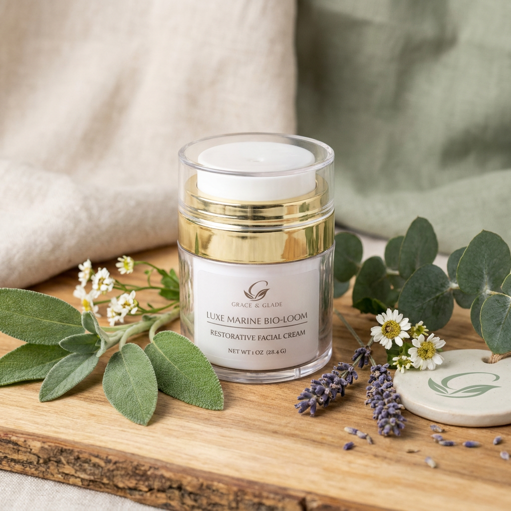 Cosmetic cream jar with natural elements on a wooden surface