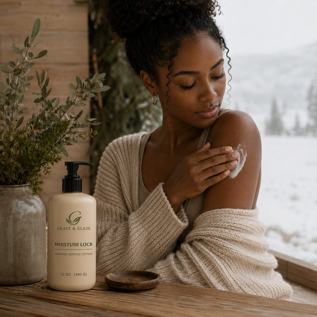 Woman applying lotion to her arm with a bottle of 'Grace & Glade' lotion on a wooden surface.