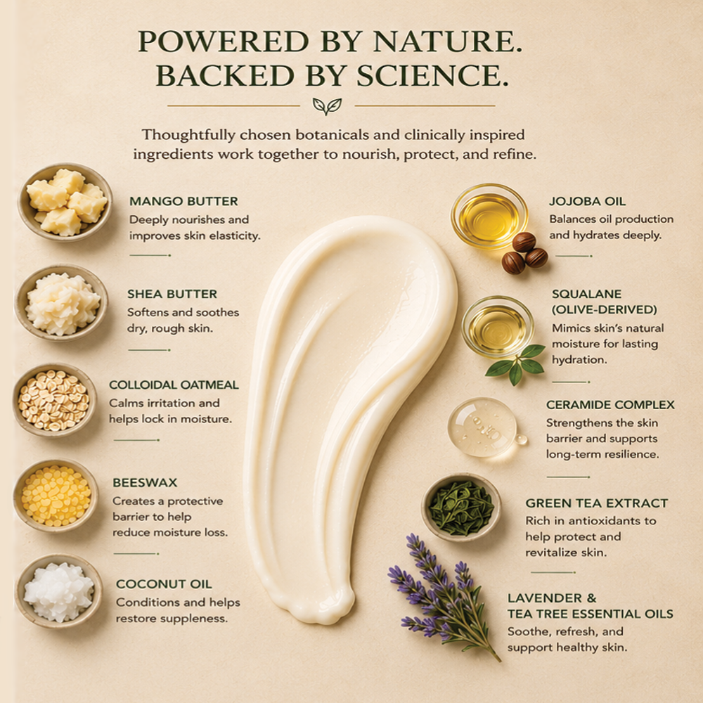 An infographic detailing the key botanical and clinical ingredients of Restore and refine - botanical conditioning balm. A smear of body butter is shown in the center, flanked by labeled ingredient callouts including Mango Butter, Shea Butter, Colloidal Oatmeal, Beeswax, Coconut Oil, Jojoba Oil, Squalane, Ceramide Complex, Green Tea Extract, and Lavender & Tea Tree Essential Oils, all arranged on a light beige background.