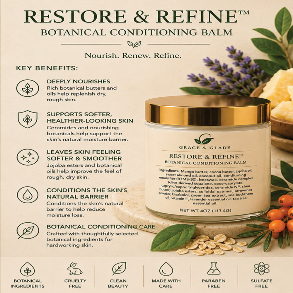 Grace & Glade Restore & Refine Botanical Conditioning Balm jar shown on a beige infographic-style background with botanical illustrations, key benefits text, and ingredient imagery including shea butter, sea buckthorn berries, lavender, and oats.