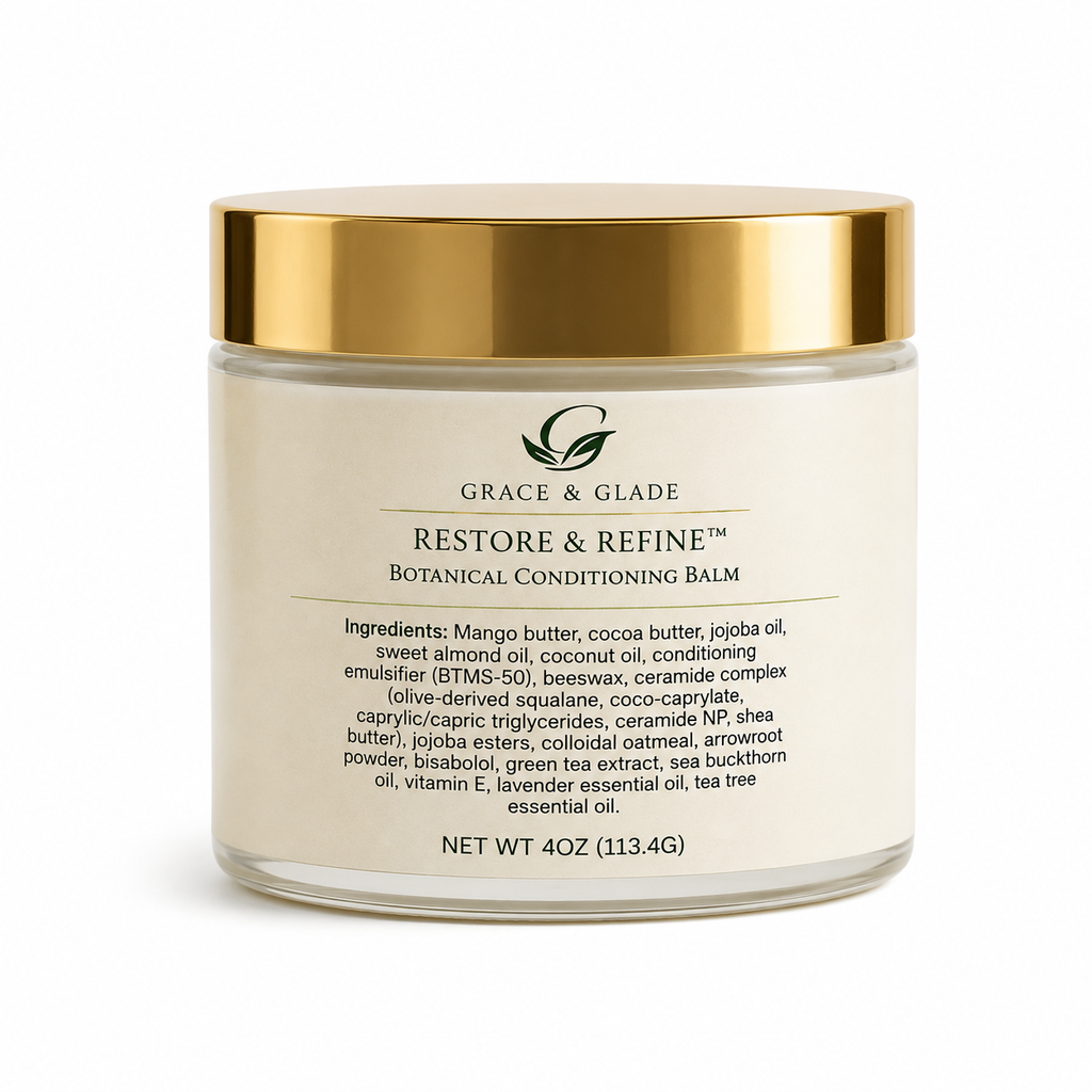 Grace & Glade Restore & Refine Botanical Conditioning Balm in a 4 oz clear jar with a gold lid, on a white background.
