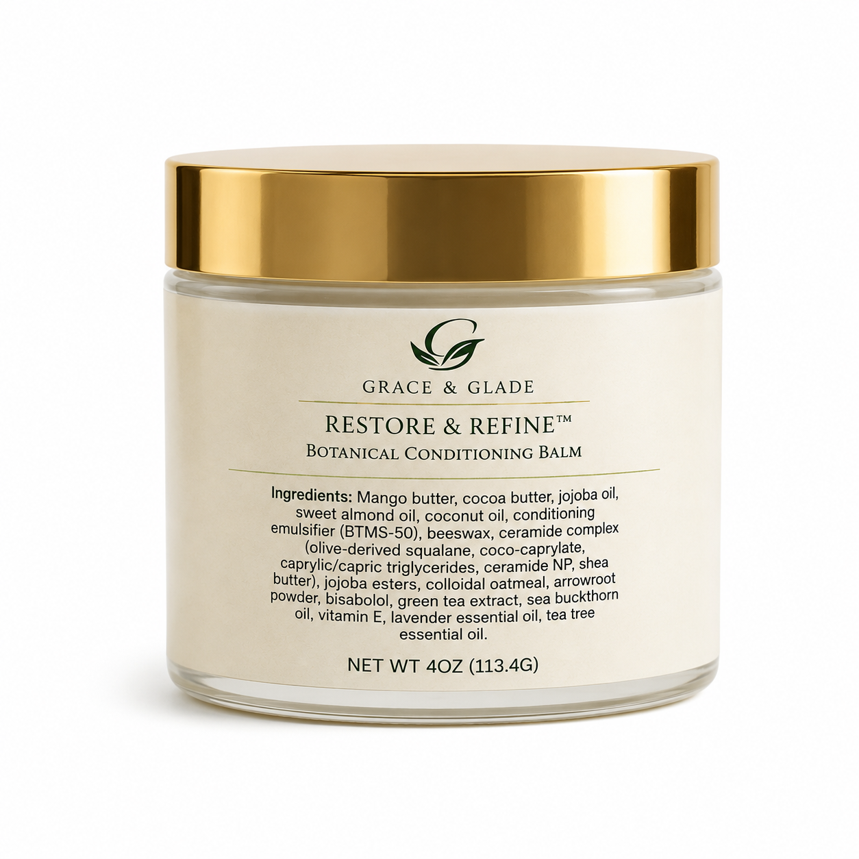 Grace & Glade Restore & Refine Botanical Conditioning Balm in a 4 oz clear jar with a gold lid, on a white background.