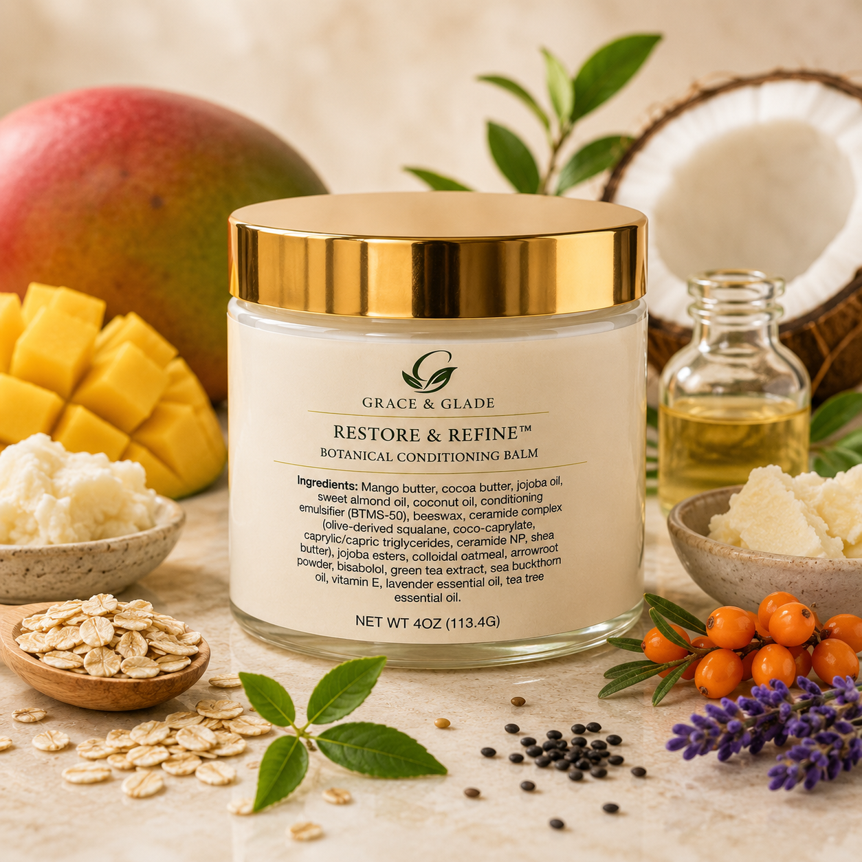 A jar of Grace & Glade Restore & Refine Botanical Conditioning Balm with a gold lid, styled with natural ingredients like mango, coconut, oats, and lavender on a light stone surface.