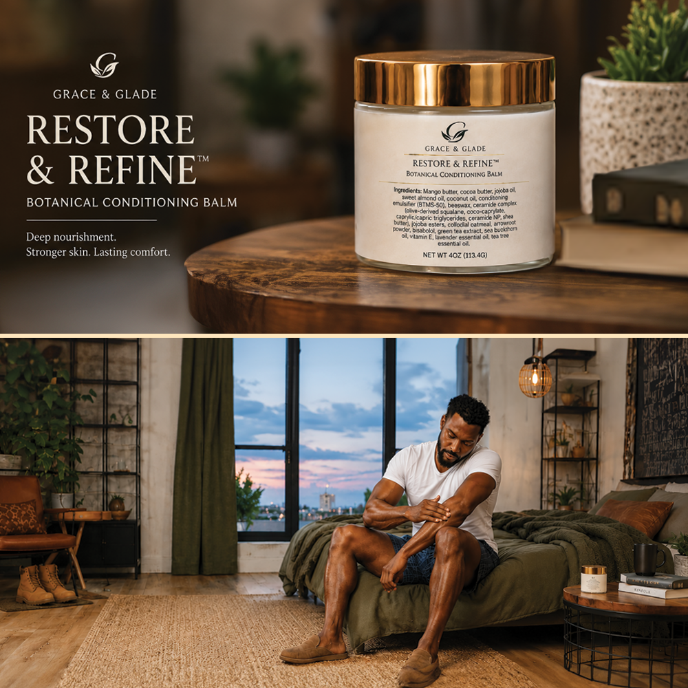 Grace & Glade Restore & Refine Botanical Conditioning Balm jar shown on a wooden surface, with a lifestyle lower panel of a man sitting on a bed in a bedroom applying balm to his elbow.
