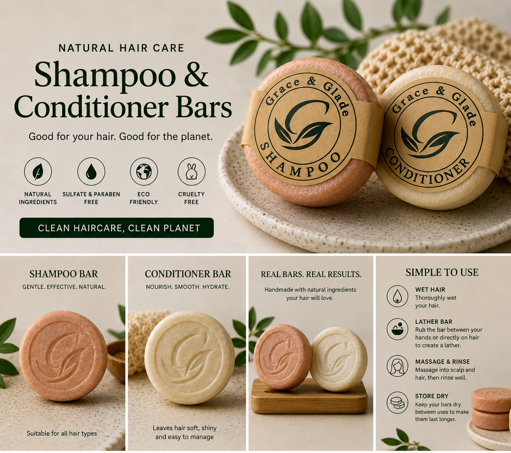 Grace & Glade shampoo and conditioner bars with packaging details and usage instructions.