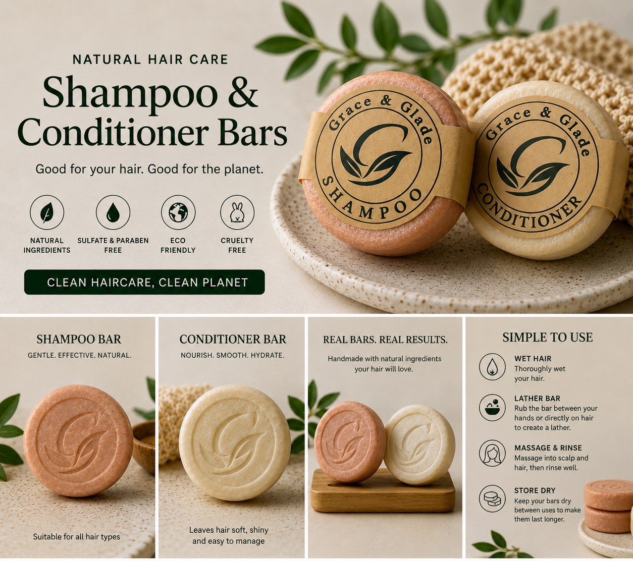 Grace & Glade shampoo and conditioner bars with packaging details and usage instructions.