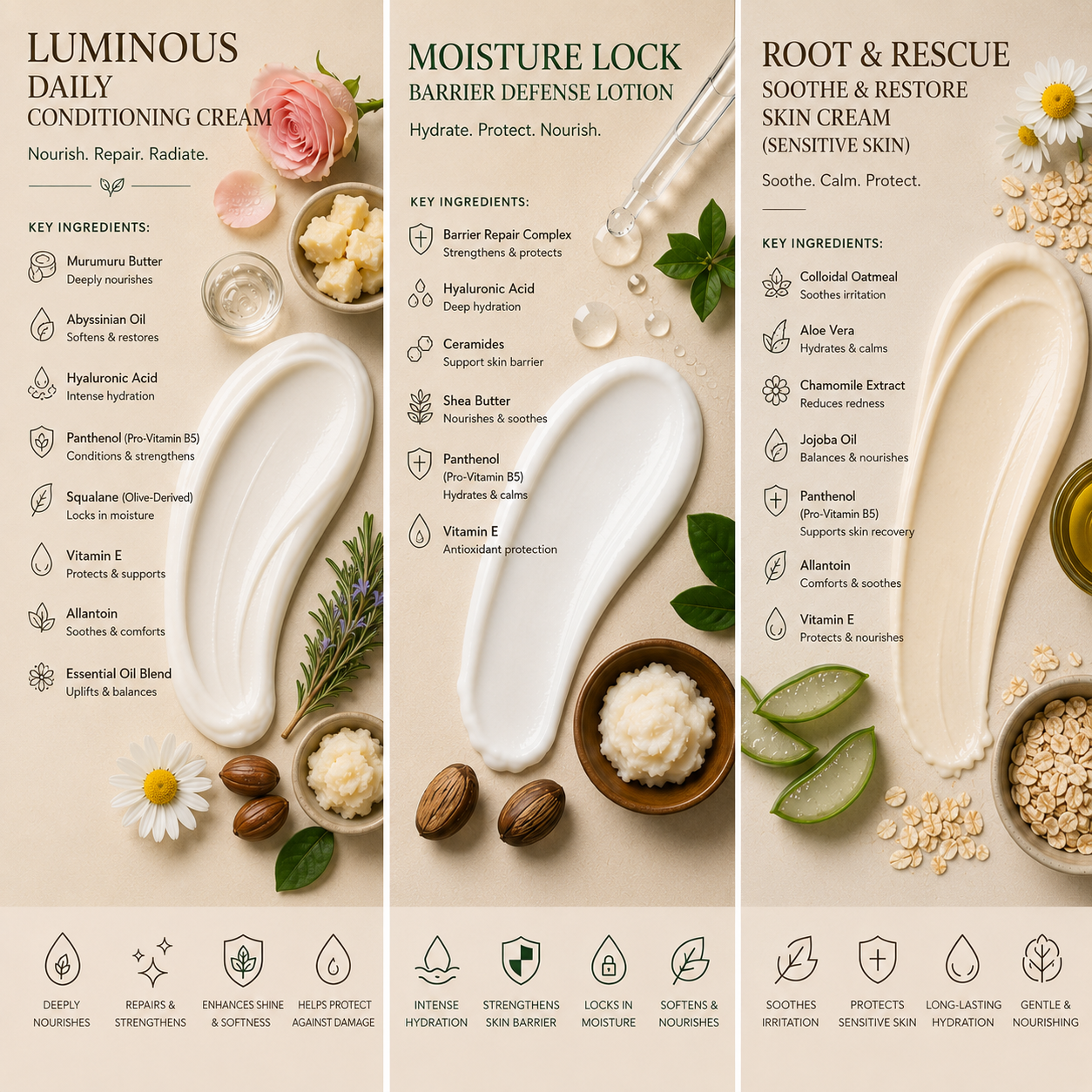Three skincare product descriptions with images of cream bottles, ingredients, and text on a beige background.