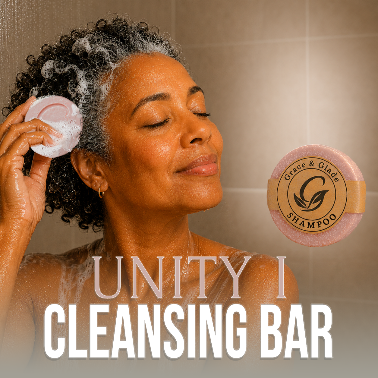 Grace and Glade - Unity I Shampoo Cleansing Bar - Image shows woman enjoying washing her grey and black coil hair. 