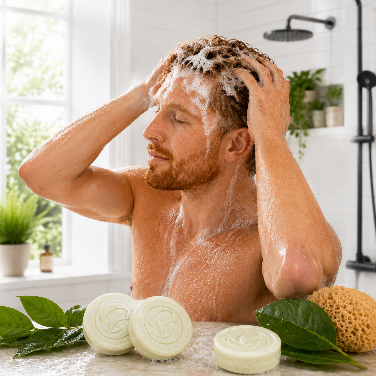 Man washing his hair with soap and water in a bathroom setting.